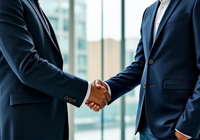 Two professionals shaking hands securely
